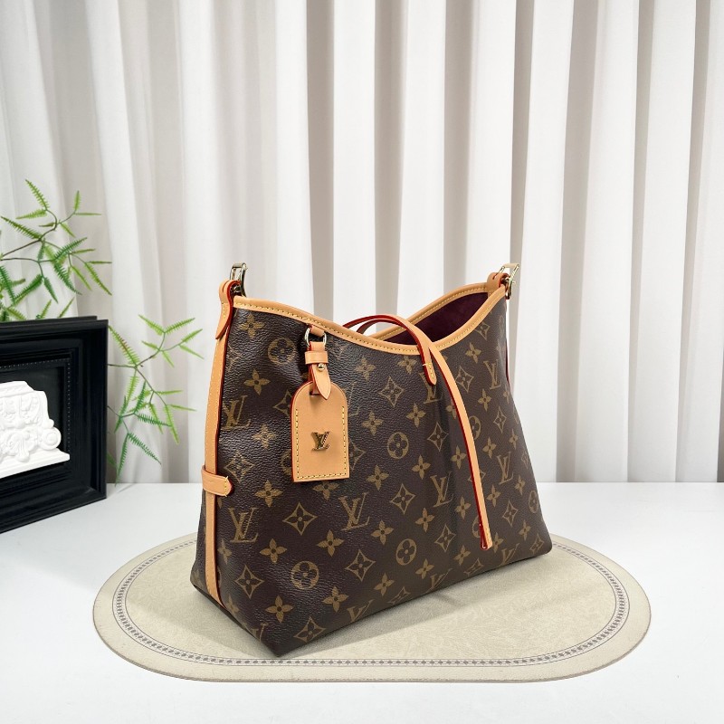 LV路易威登 26年2月票 芯片款 Carryall PM小號子母包 經典老花滿印購物袋 塗層帆布拼牛皮飾邊 手提單肩包托特包 女款 棕色-2