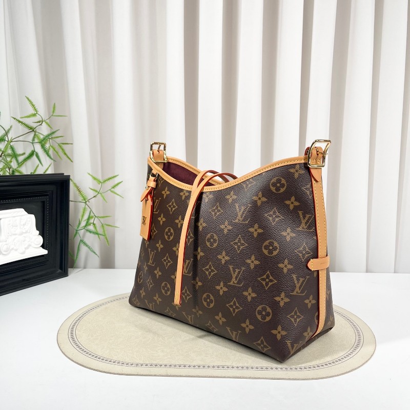 LV路易威登 26年2月票 芯片款 Carryall PM小號子母包 經典老花滿印購物袋 塗層帆布拼牛皮飾邊 手提單肩包托特包 女款 棕色-3
