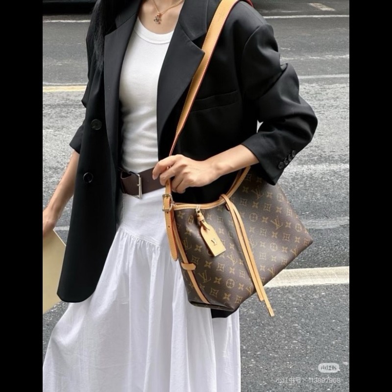 LV路易威登 26年2月票 芯片款 Carryall PM小號子母包 經典老花滿印購物袋 塗層帆布拼牛皮飾邊 手提單肩包托特包 女款 棕色-6