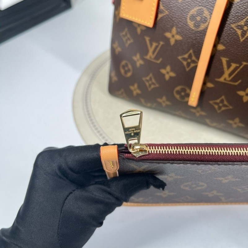 LV路易威登 26年2月票 芯片款 Carryall PM小號子母包 經典老花滿印購物袋 塗層帆布拼牛皮飾邊 手提單肩包托特包 女款 棕色-16