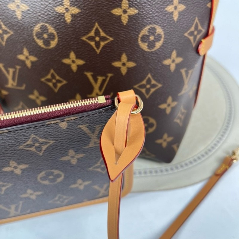 LV路易威登 26年2月票 芯片款 Carryall PM小號子母包 經典老花滿印購物袋 塗層帆布拼牛皮飾邊 手提單肩包托特包 女款 棕色-18