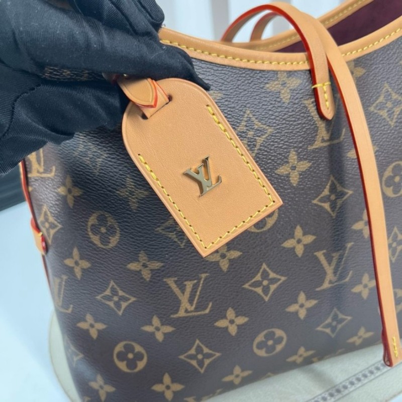 LV路易威登 26年2月票 芯片款 Carryall PM小號子母包 經典老花滿印購物袋 塗層帆布拼牛皮飾邊 手提單肩包托特包 女款 棕色-19