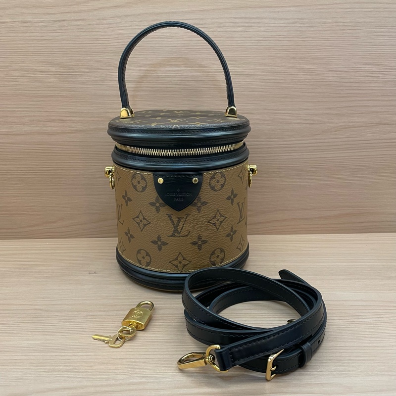 NO:C58 lv路易威登 Cannes焦糖老花发财桶 牛皮 中號 芯片款 手提单肩斜挎包 有塵袋 無盒子-0