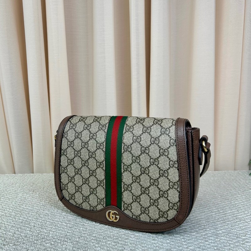 GUCCI古馳Ophidia馬鞍包 經典老花配棕色皮革滾邊 紅綠條紋裝飾 金色雙G 可單肩可斜挎 容量實用 日常通勤百搭-3