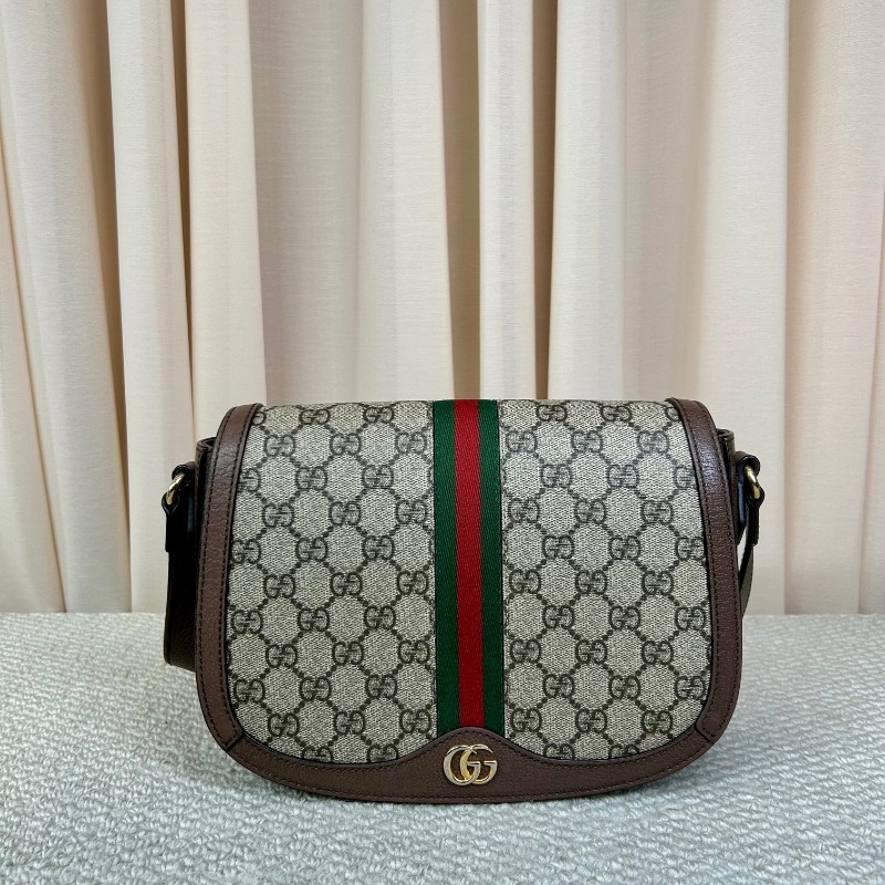 GUCCI古馳Ophidia馬鞍包 經典老花配棕色皮革滾邊 紅綠條紋裝飾 金色雙G 可單肩可斜挎 容量實用 日常通勤百搭-5