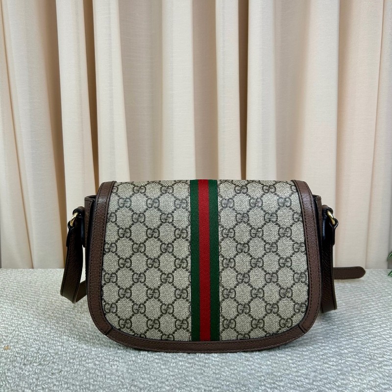 GUCCI古馳Ophidia馬鞍包 經典老花配棕色皮革滾邊 紅綠條紋裝飾 金色雙G 可單肩可斜挎 容量實用 日常通勤百搭-6