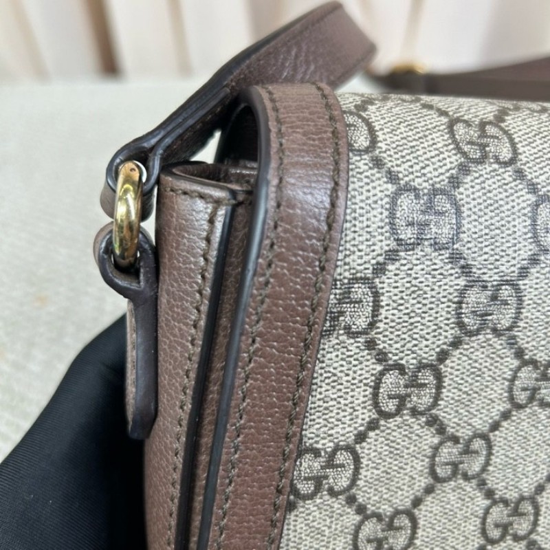 GUCCI古馳Ophidia馬鞍包 經典老花配棕色皮革滾邊 紅綠條紋裝飾 金色雙G 可單肩可斜挎 容量實用 日常通勤百搭-14