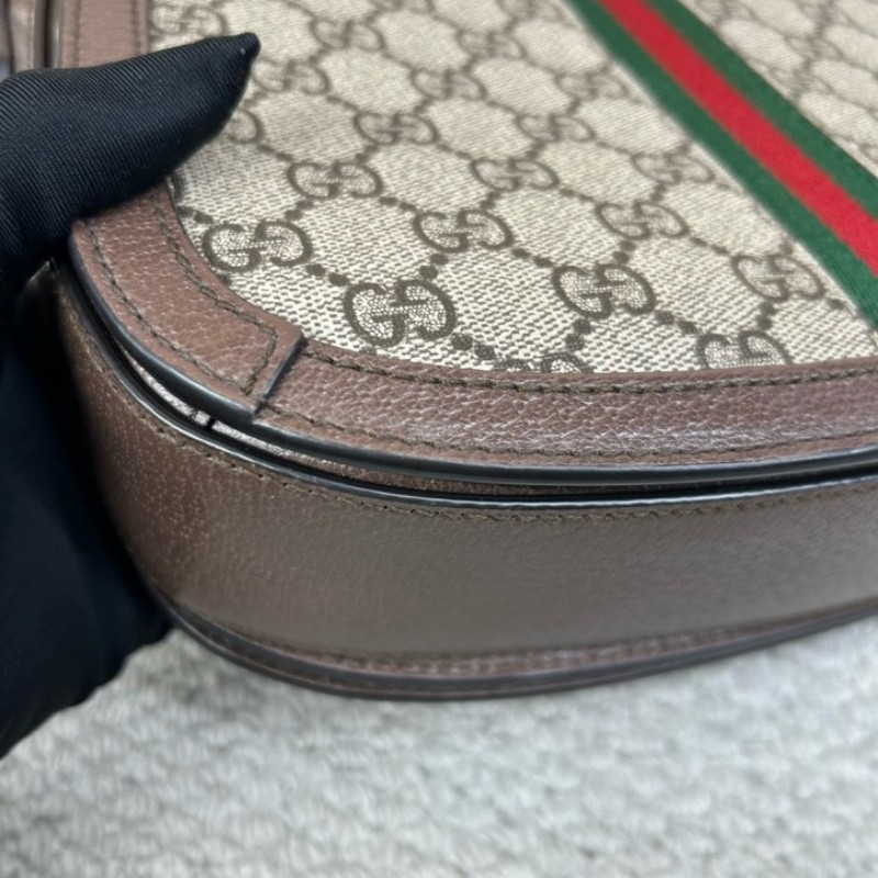 GUCCI古馳Ophidia馬鞍包 經典老花配棕色皮革滾邊 紅綠條紋裝飾 金色雙G 可單肩可斜挎 容量實用 日常通勤百搭-15