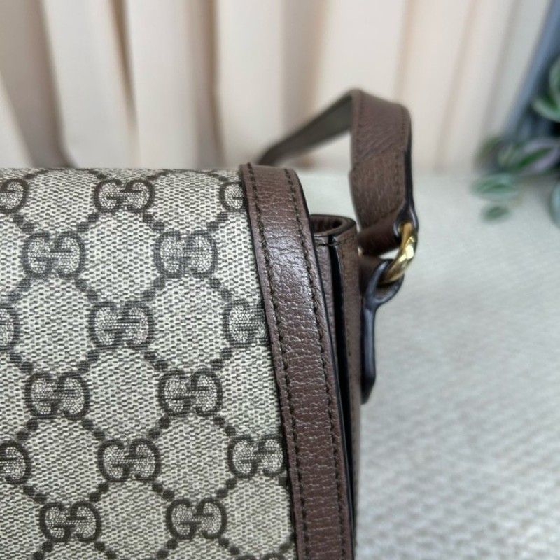 GUCCI古馳Ophidia馬鞍包 經典老花配棕色皮革滾邊 紅綠條紋裝飾 金色雙G 可單肩可斜挎 容量實用 日常通勤百搭-18