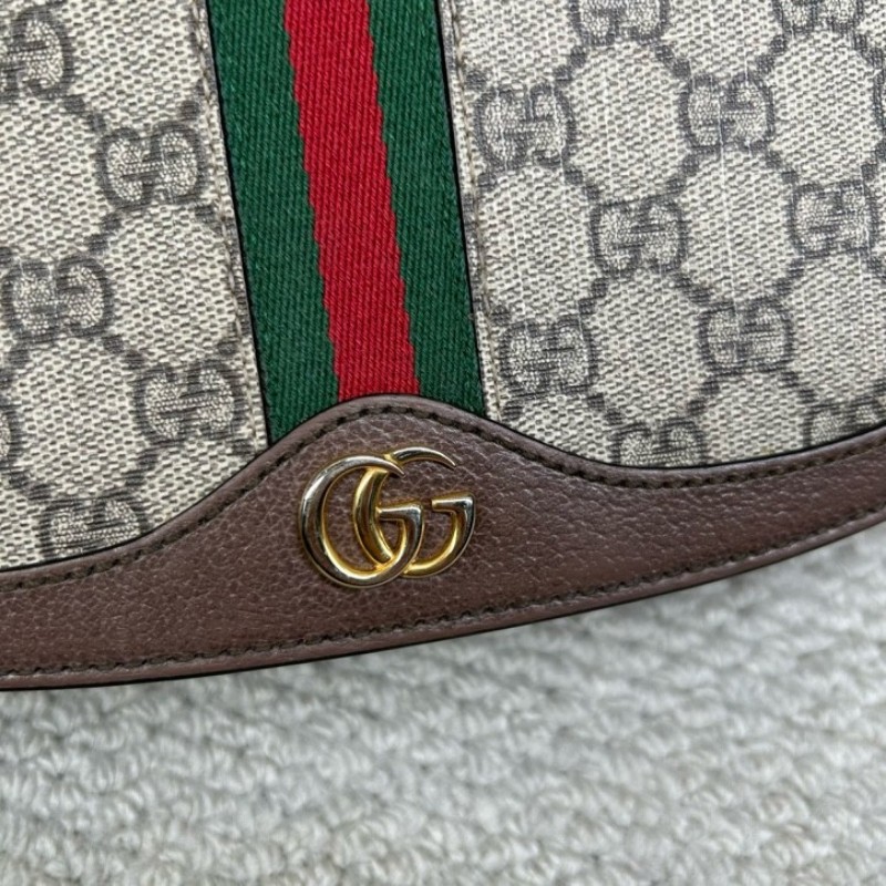 GUCCI古馳Ophidia馬鞍包 經典老花配棕色皮革滾邊 紅綠條紋裝飾 金色雙G 可單肩可斜挎 容量實用 日常通勤百搭-19
