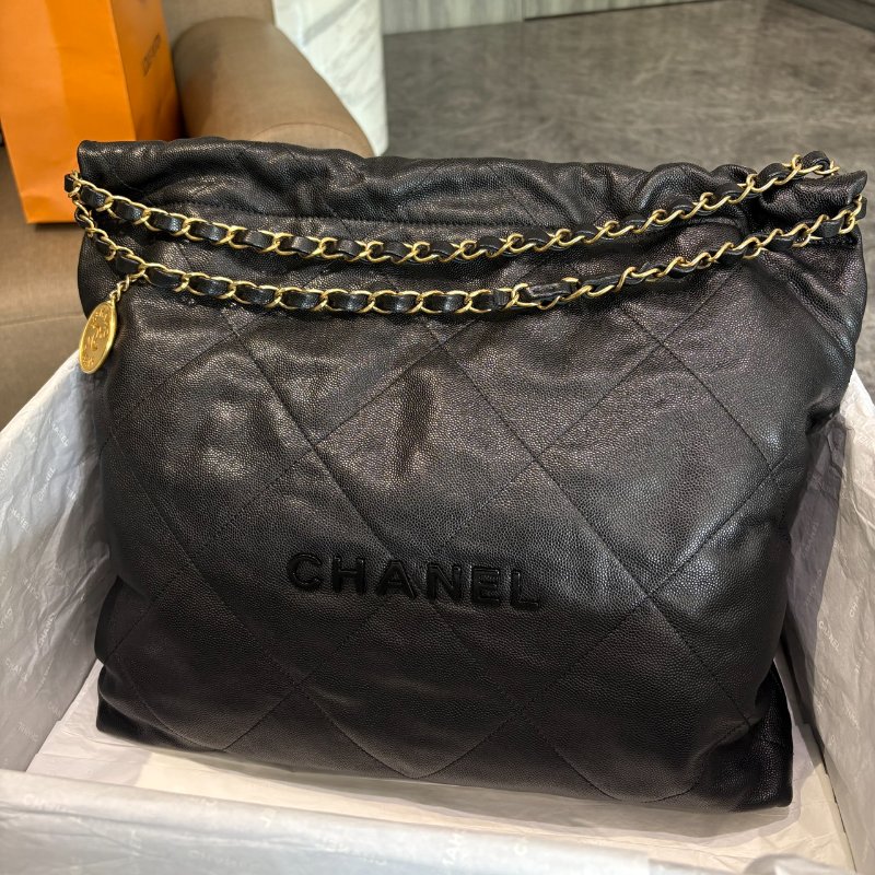 *SHIHNA名牌精品* CHANEL 22Bag 荔枝牛皮 中號黑字金鏈肩背包-0