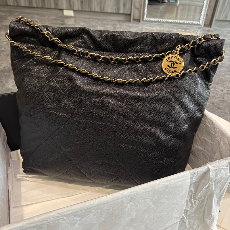 *SHIHNA名牌精品* CHANEL 22Bag 荔枝牛皮 中號黑字金鏈肩背包-3