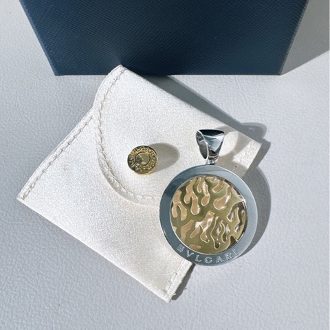 95 新  BVLGARI寶格麗 Vintage 中古款 金鋼火焰吊墜，材質18K金+鋼，有塵袋