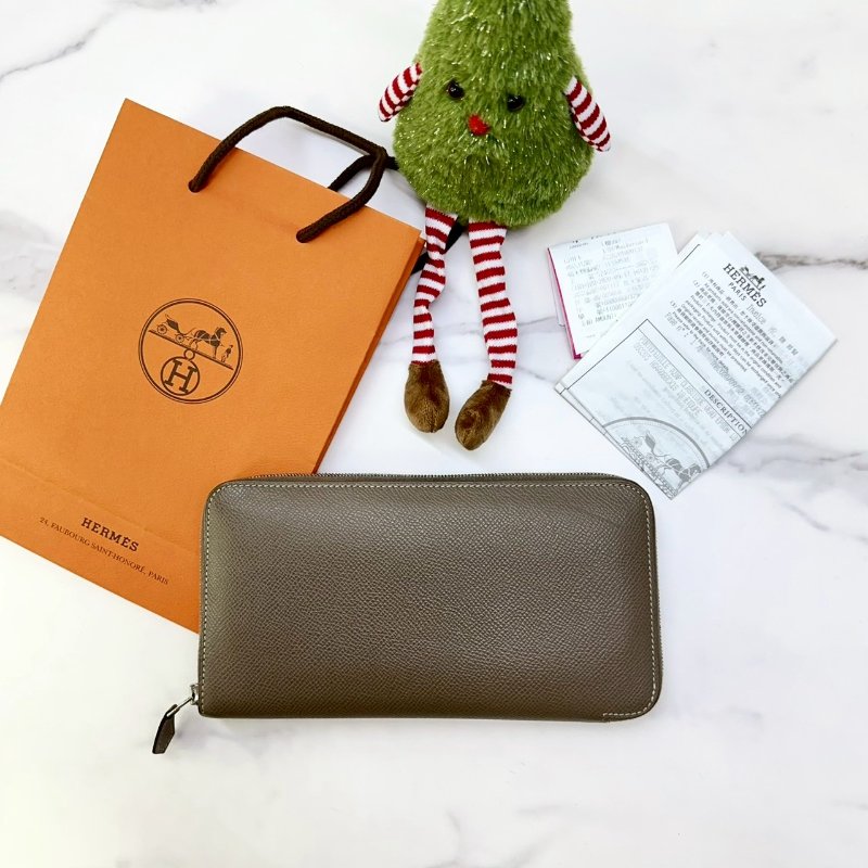 HERMES 全皮革大象灰拉鏈長夾-0