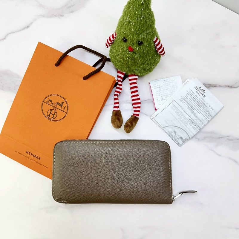 HERMES 全皮革大象灰拉鏈長夾-1