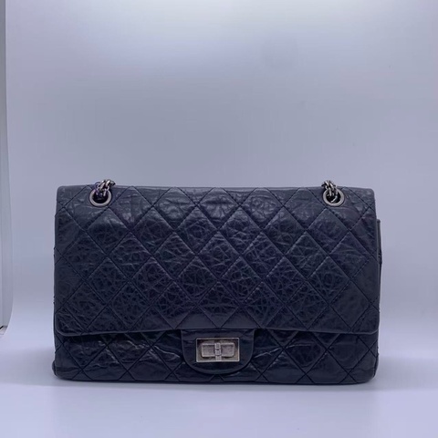 二手Chanel香奈兒2.55大號黑色牛皮雙蓋銀扣鏈條包，鐳射13開
