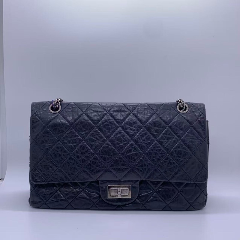 二手Chanel香奈兒2.55大號黑色牛皮雙蓋銀扣鏈條包,鐳射13開-0