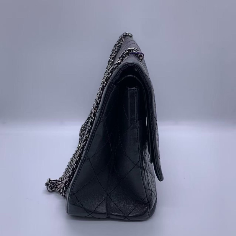 二手Chanel香奈兒2.55大號黑色牛皮雙蓋銀扣鏈條包,鐳射13開-3