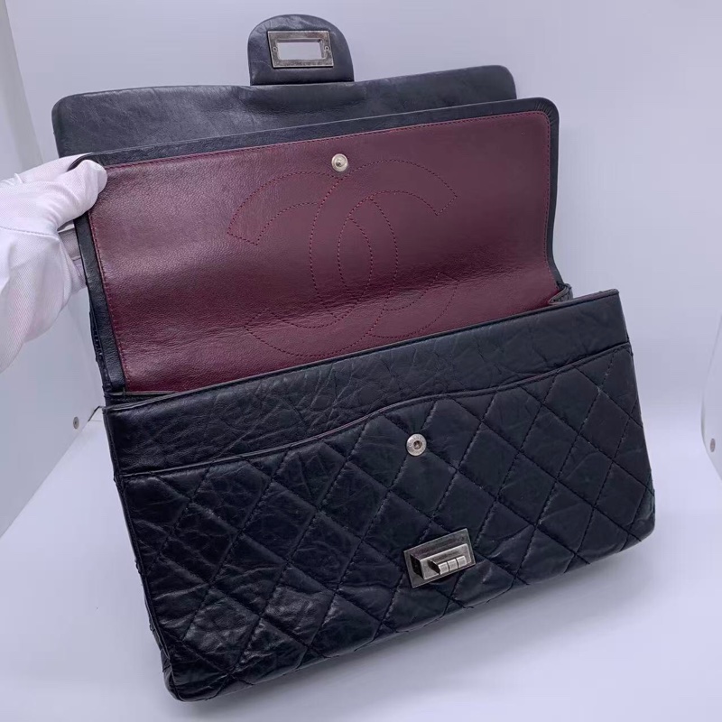 二手Chanel香奈兒2.55大號黑色牛皮雙蓋銀扣鏈條包,鐳射13開-5