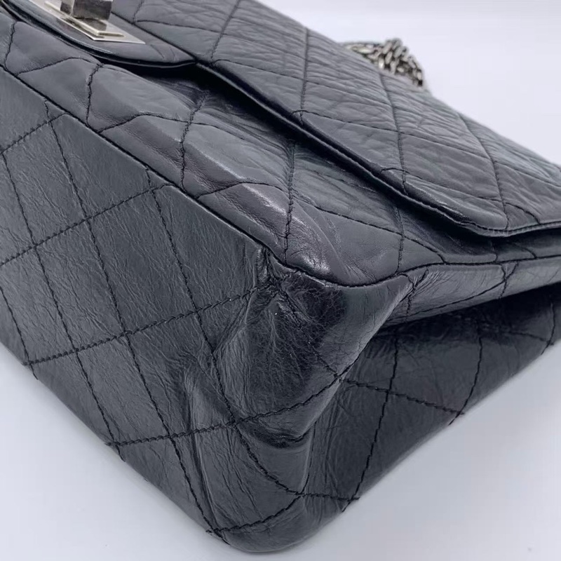 二手Chanel香奈兒2.55大號黑色牛皮雙蓋銀扣鏈條包,鐳射13開-11