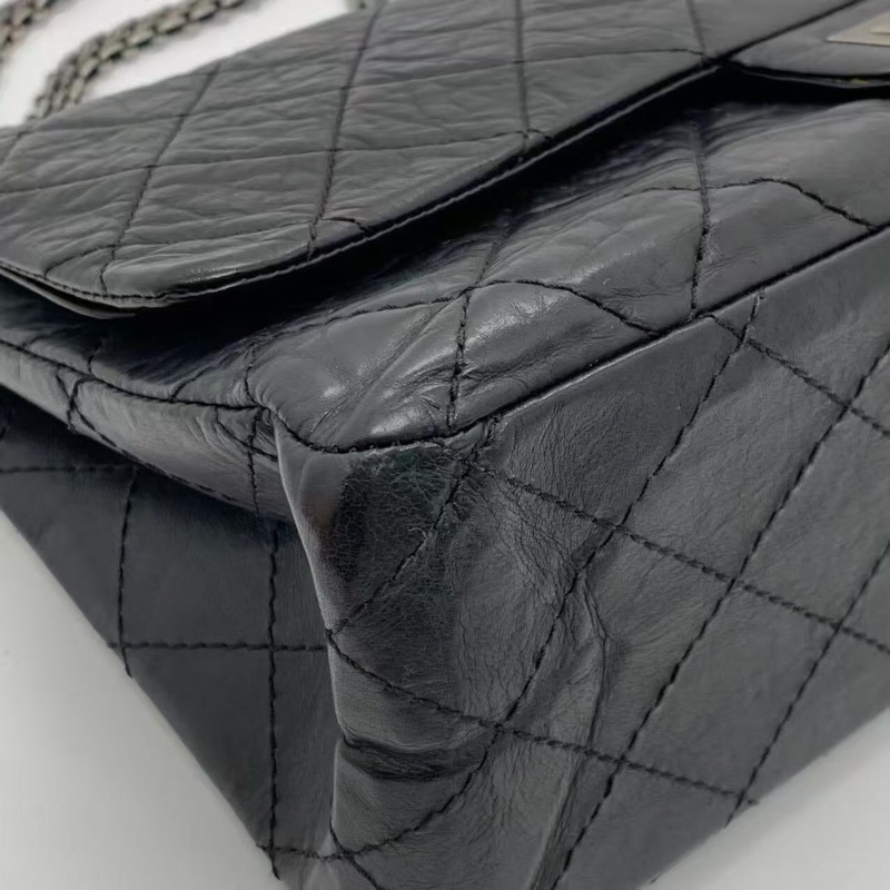二手Chanel香奈兒2.55大號黑色牛皮雙蓋銀扣鏈條包,鐳射13開-12