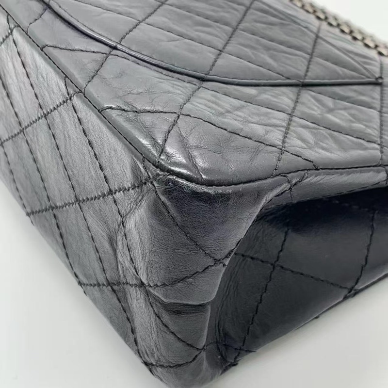 二手Chanel香奈兒2.55大號黑色牛皮雙蓋銀扣鏈條包,鐳射13開-13