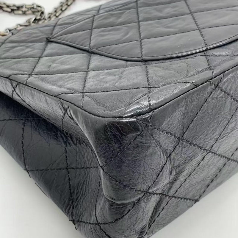 二手Chanel香奈兒2.55大號黑色牛皮雙蓋銀扣鏈條包,鐳射13開-14