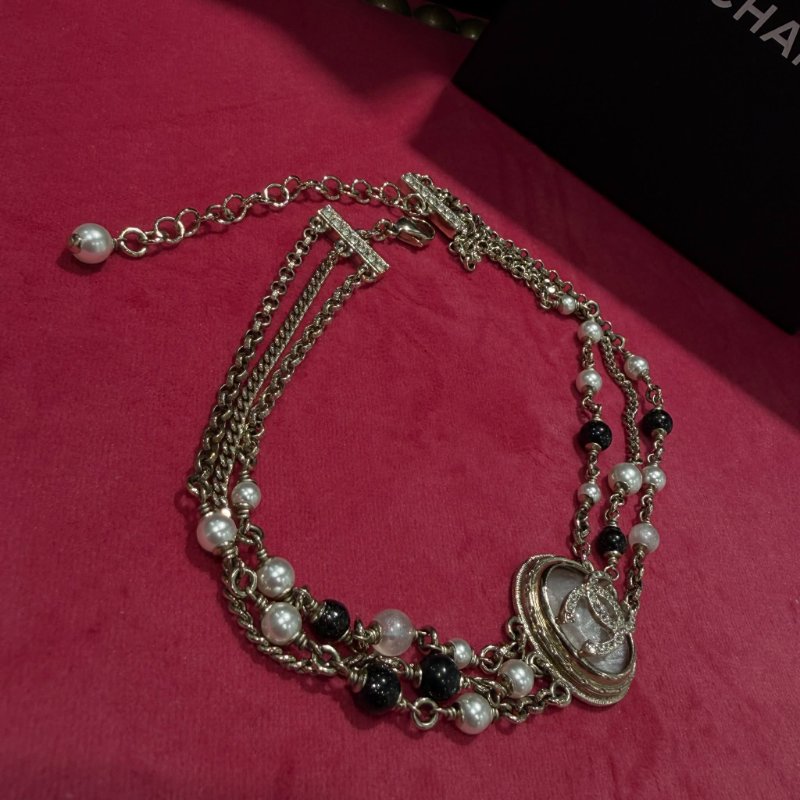 CHANEL黑白珍珠水鑽雙C項鍊-2