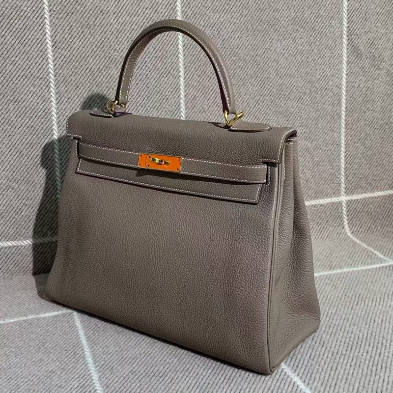 Hermes愛馬仕Kelly32大象灰Togo皮金扣D刻-4