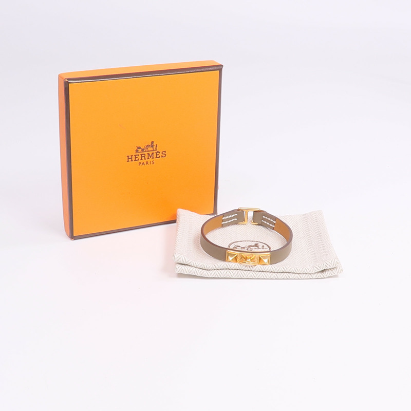 HERMES Swift皮革Rivale Mini Bracelet金扣手帶Etoupe-11