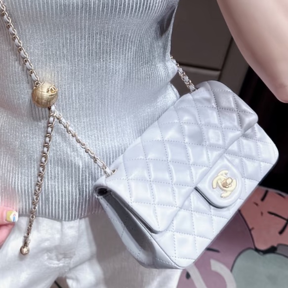 #Chanel 香奈儿 CF方胖子 🔮金球灰色羊皮金扣链条包 芯片款 🗿底长17-4