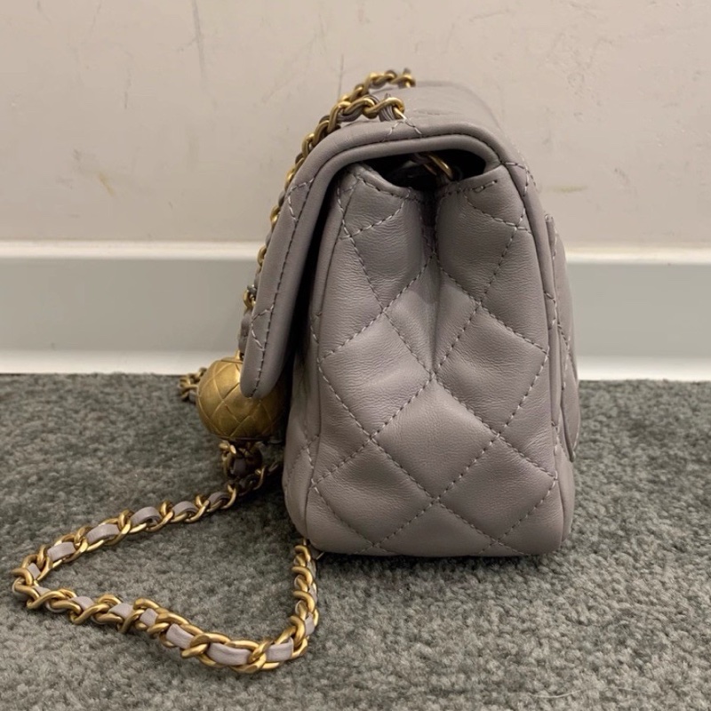 #Chanel 香奈儿 CF方胖子 🔮金球灰色羊皮金扣链条包 芯片款 🗿底长17-11