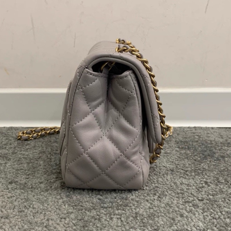 #Chanel 香奈儿 CF方胖子 🔮金球灰色羊皮金扣链条包 芯片款 🗿底长17-13