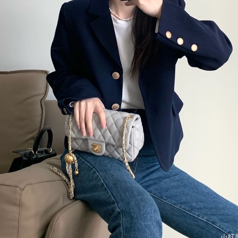 #Chanel 香奈儿 CF方胖子 🔮金球灰色羊皮金扣链条包 芯片款 🗿底长17-20