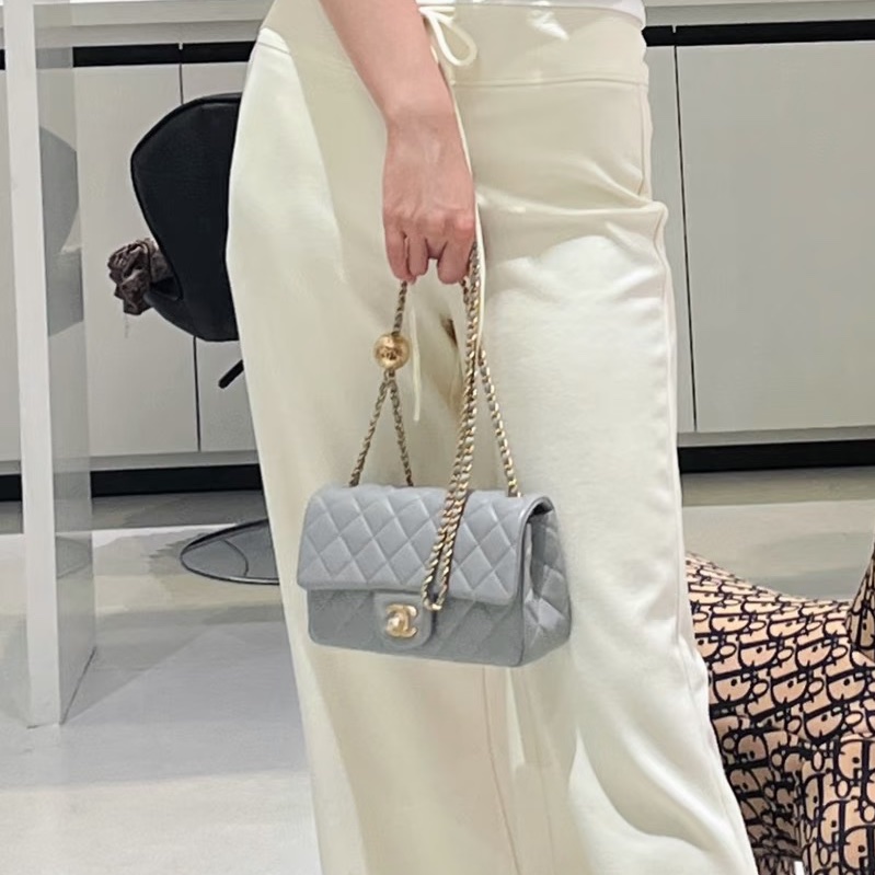 #Chanel 香奈儿 CF方胖子 🔮金球灰色羊皮金扣链条包 芯片款 🗿底长17-22