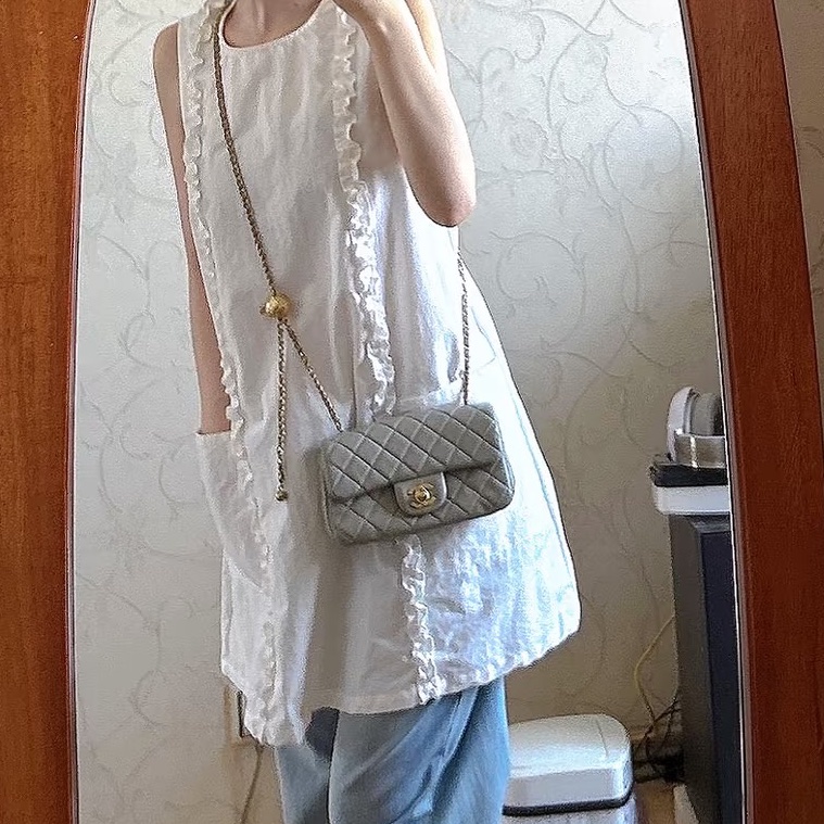 #Chanel 香奈儿 CF方胖子 🔮金球灰色羊皮金扣链条包 芯片款 🗿底长17-27