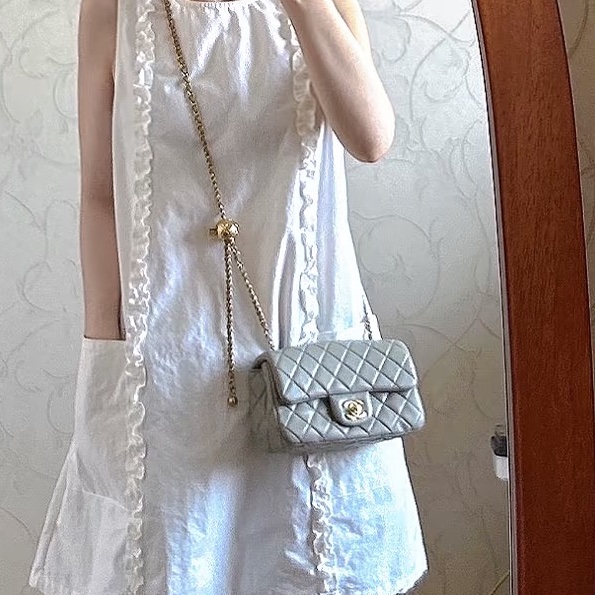 #Chanel 香奈儿 CF方胖子 🔮金球灰色羊皮金扣链条包 芯片款 🗿底长17-28