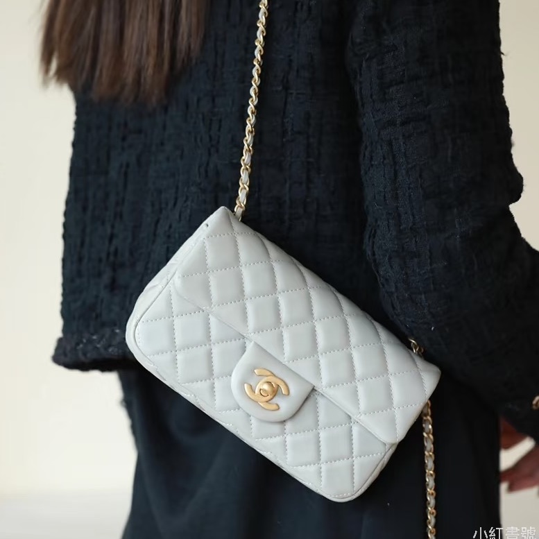 #Chanel 香奈儿 CF方胖子 🔮金球灰色羊皮金扣链条包 芯片款 🗿底长17-31