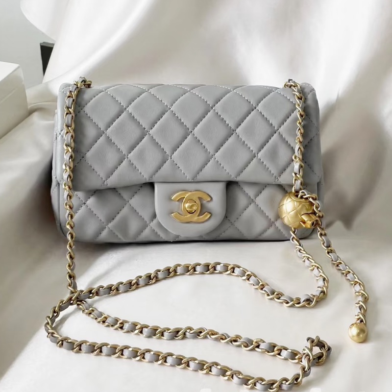 #Chanel 香奈儿 CF方胖子 🔮金球灰色羊皮金扣链条包 芯片款 🗿底长17-33