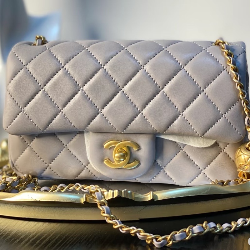 #Chanel 香奈儿 CF方胖子 🔮金球灰色羊皮金扣链条包 芯片款 🗿底长17-36