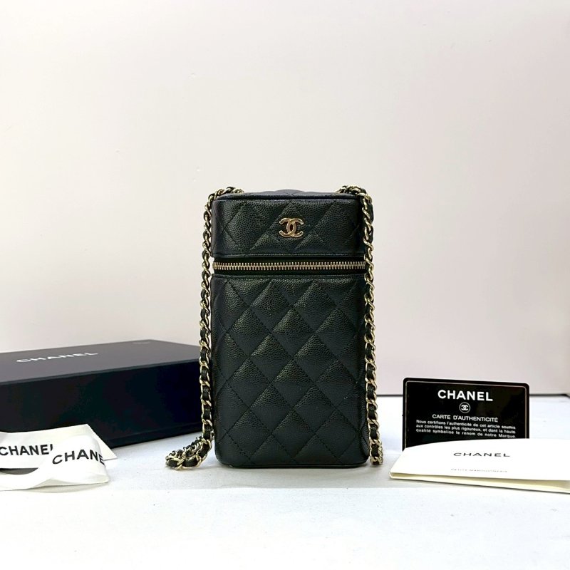 CHANEL 黑金荔枝牛鏈帶手機包-0