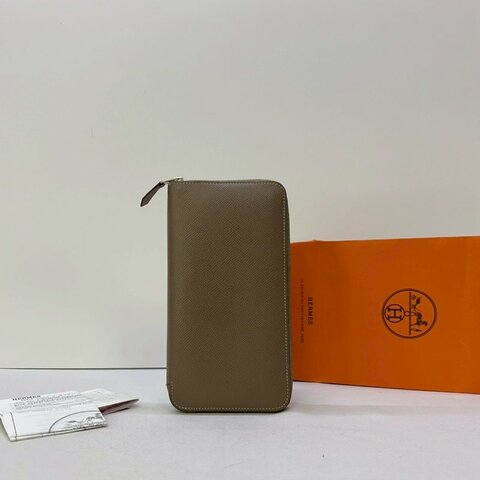 HERMES 大象灰全皮革拉鏈長夾