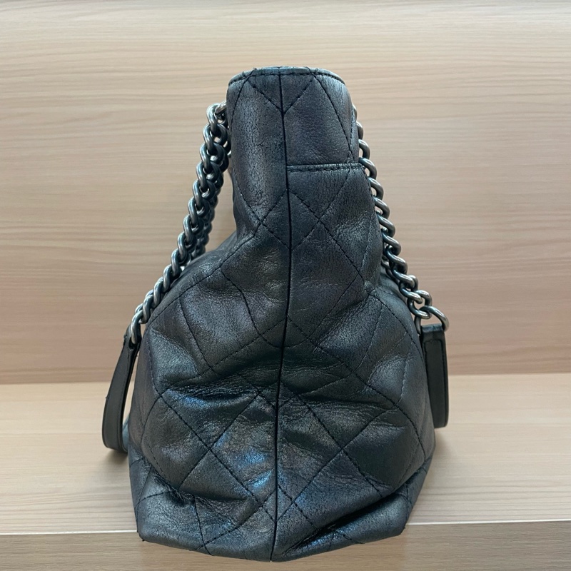NO：C55 Chanel 香奈儿 TOTE 2016年 21開 黑銀色牛皮格纹单肩包手提包 有塵袋 無卡 無盒子-2