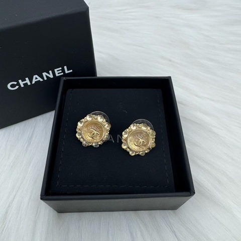 98新香奈兒Chanel雙C珍珠水鑽耳釘 附件：盒