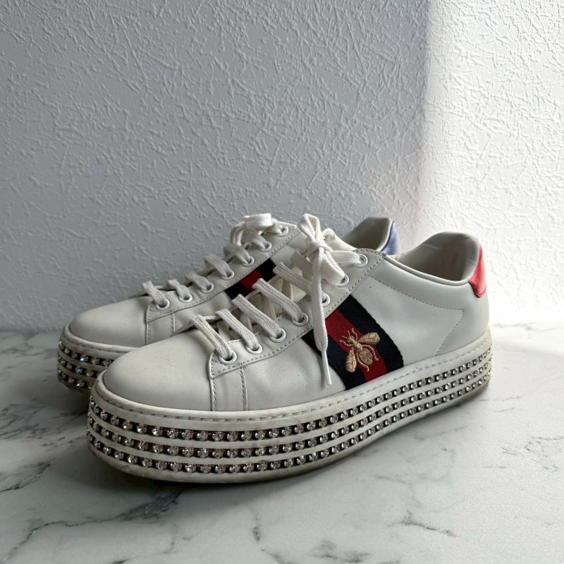 💥百搭必買款💖GUCCI 紅綠蜜蜂織帶白色滿鑽板鞋 37.5-0