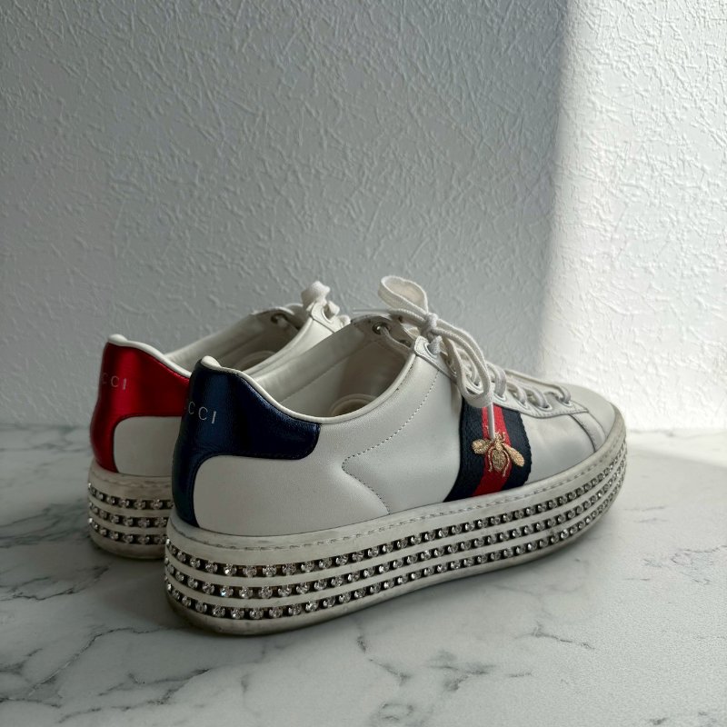 💥百搭必買款💖GUCCI 紅綠蜜蜂織帶白色滿鑽板鞋 37.5-1