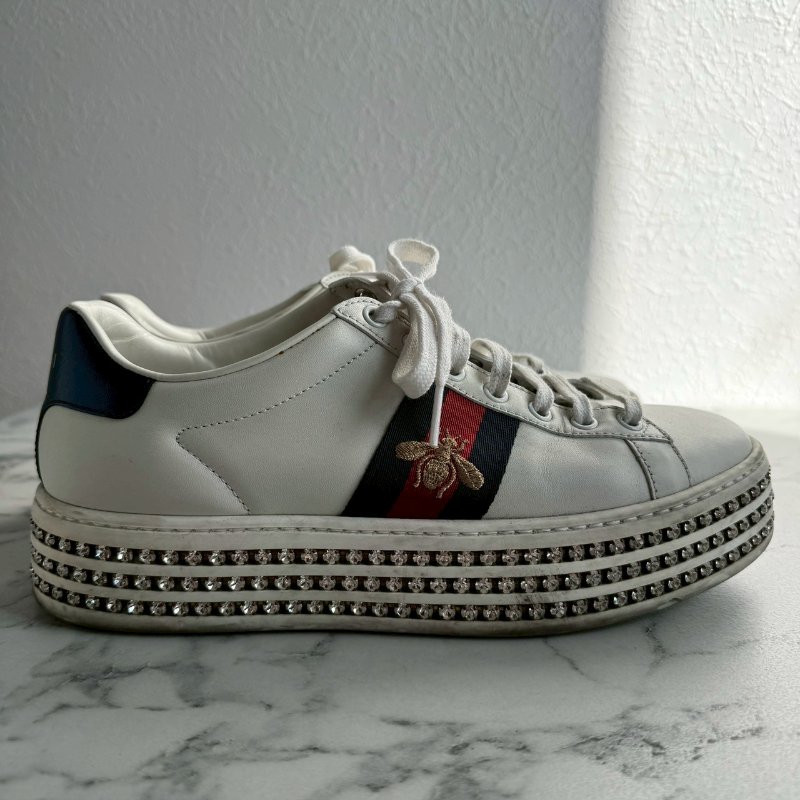 💥百搭必買款💖GUCCI 紅綠蜜蜂織帶白色滿鑽板鞋 37.5-2