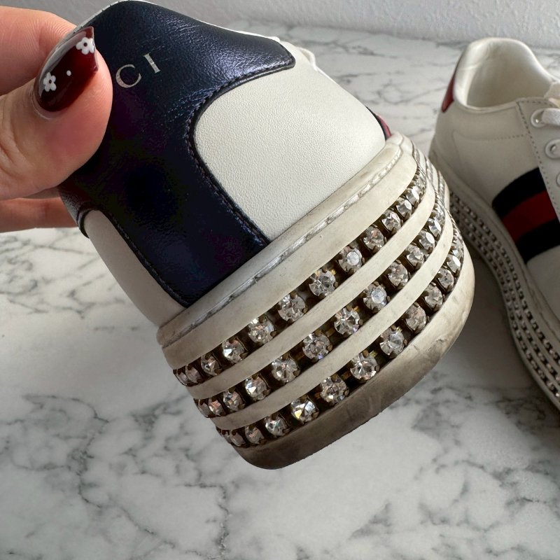 💥百搭必買款💖GUCCI 紅綠蜜蜂織帶白色滿鑽板鞋 37.5-9