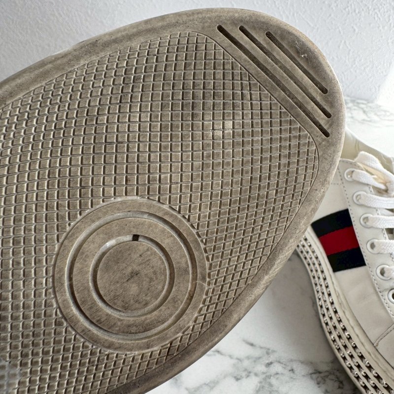 💥百搭必買款💖GUCCI 紅綠蜜蜂織帶白色滿鑽板鞋 37.5-10