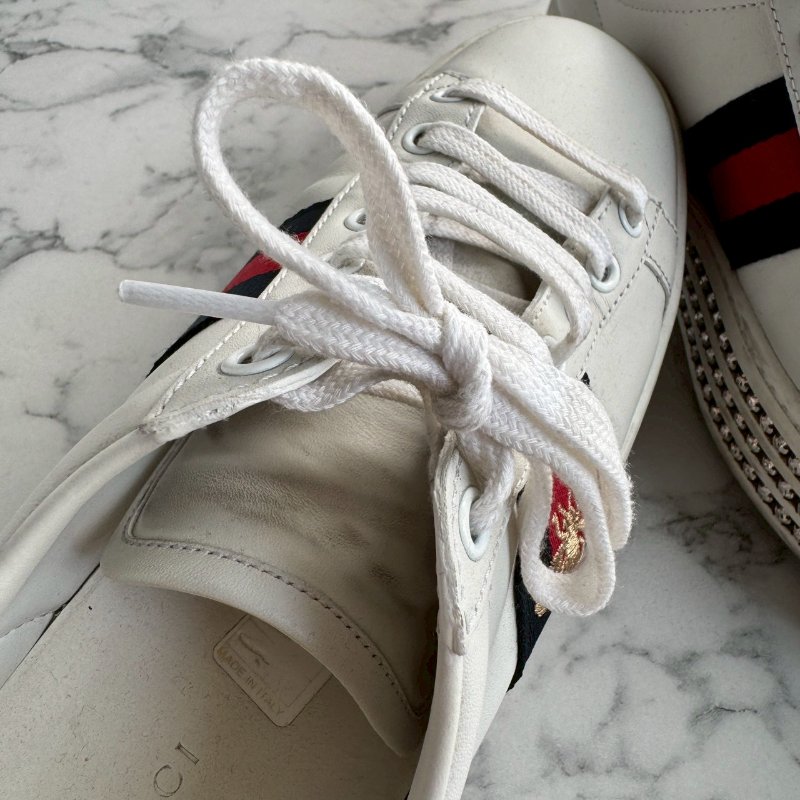 💥百搭必買款💖GUCCI 紅綠蜜蜂織帶白色滿鑽板鞋 37.5-11